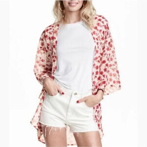 Womens H&M Divided Floral Print Red Poppy Lightweight Kimono Poncho - Sz Large